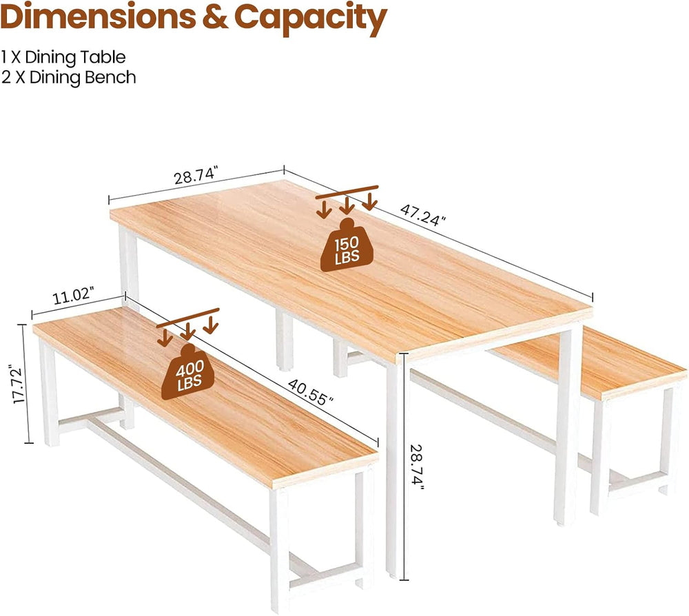 DKLGG Dining Table Set for 4, Wooden Kitchen Table with 2 Dining Bench | 47.2...