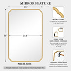 55X36 Inch Gold Metal Framed Bathroom Mirror for Wall, Large Rounded Rectangle Bathroom Vanity Mirror Farmhouse, Anti-Rust, Tempered Glass, Hangs Horizontally or Vertically
