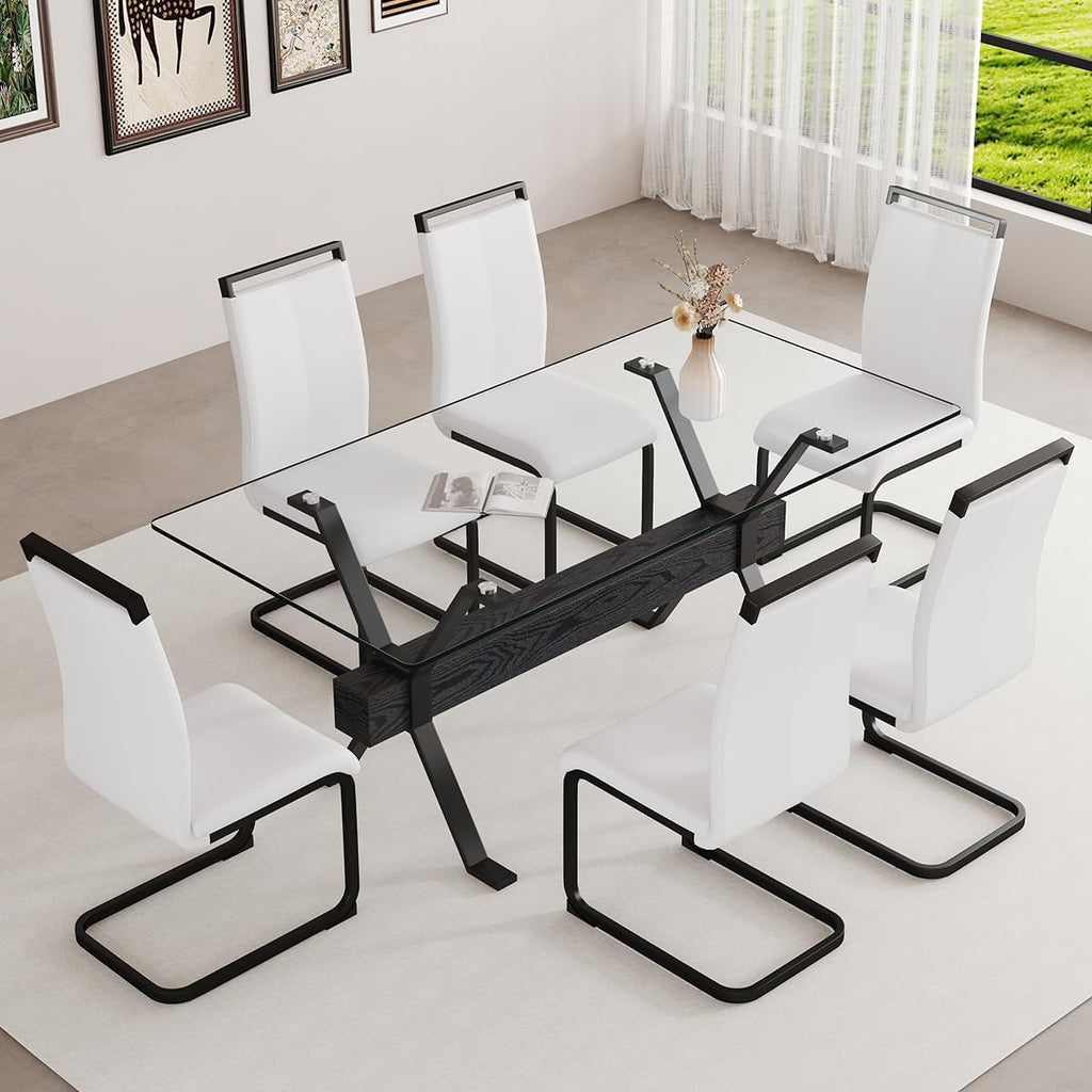 71" Glass Dining Table Set for 6｜Modern Dining Table Set for 6 with Faux Leather Chairs｜0.4" Thick Tempered Glass Tabletop｜Black Metal Legs with Black Crossbar｜Easy Assembly