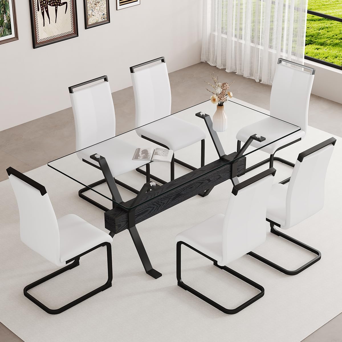71" Glass Dining Table Set for 6｜Modern Dining Table Set for 6 with Faux Leather Chairs｜0.4" Thick Tempered Glass Tabletop｜Black Metal Legs with Black Crossbar｜Easy Assembly
