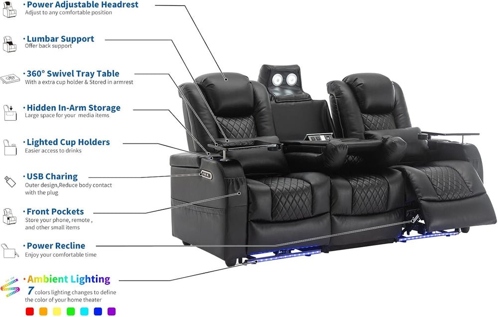 Airadlis Dual Power Home Theater Seating with 7-Color LED, Black, Row of 3 | ...