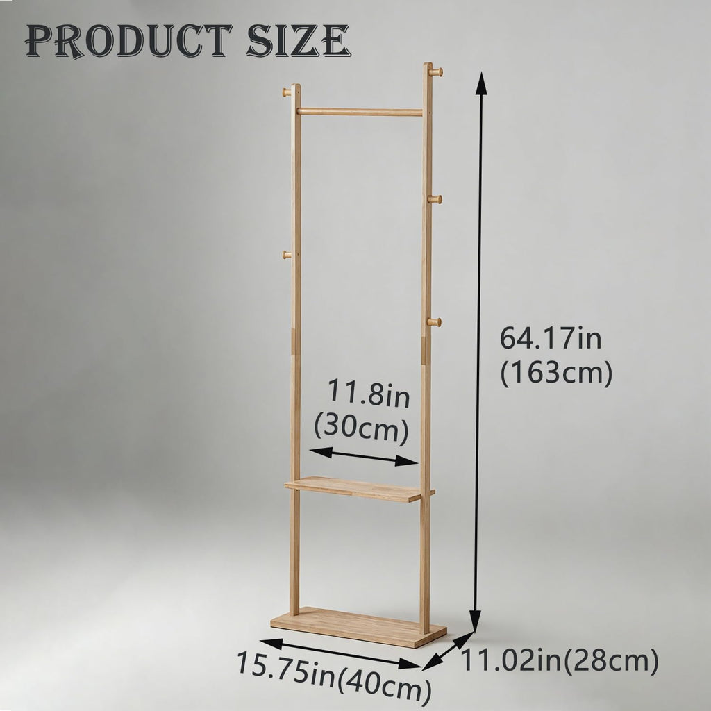 latifolia Clothes rack, Solid Wood Clothing Rack Witch Hooks and Shelves, 15.75 inch Garment rack With Storaege for Living Room, Nature