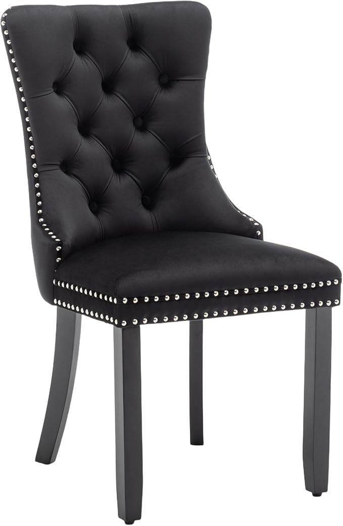 Mid Century Modern Dining Chair Set of 8 Velvet Upholstered Dining Room Chair Farmhouse Dining Accent Chairs with High Back and Nailhead Trim for Kitchen, Living Room, Bedroom (Black, set of 8)