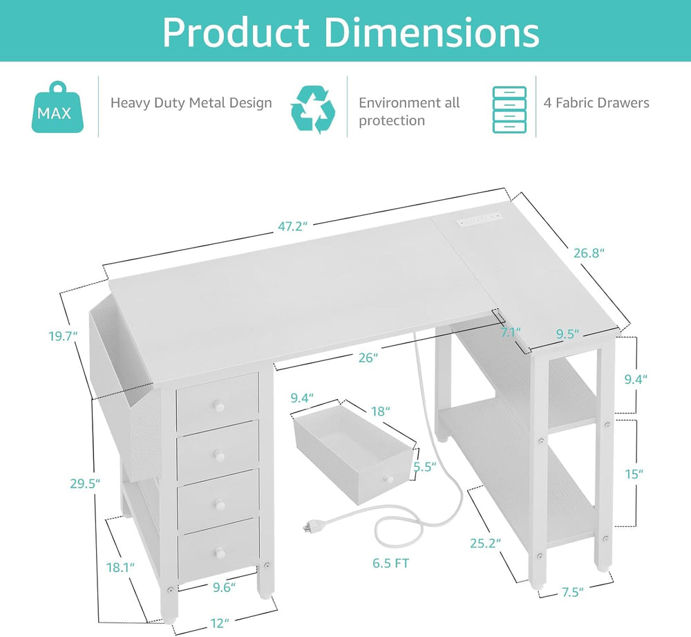 Lufeiya White L Shaped Computer Desk with Drawers & Storage Shelves, 47 I...