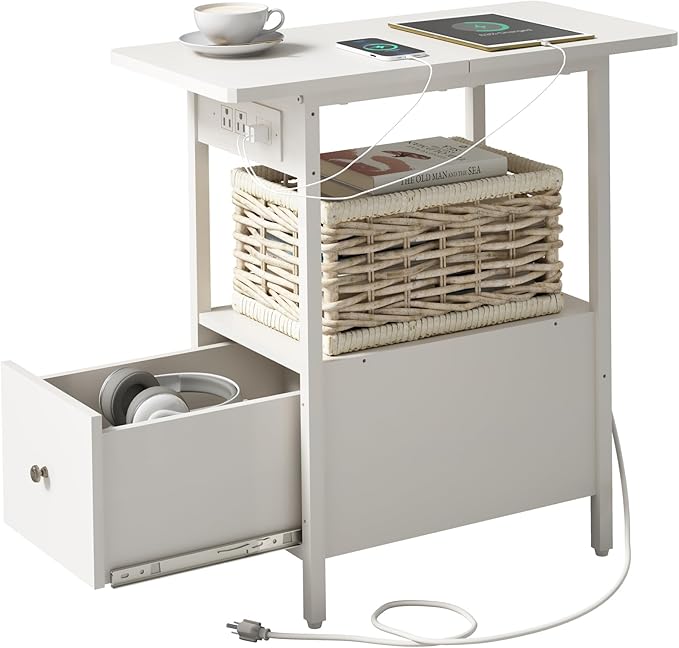LIDYUK End Table with Charging Station, Narrow Side Table with Drawer and USB...
