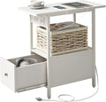 LIDYUK End Table with Charging Station, Narrow Side Table with Drawer and USB Ports & Power Outlets, Nightstand Bedside Tables for Small Spaces, Bedroom, Living Room, White