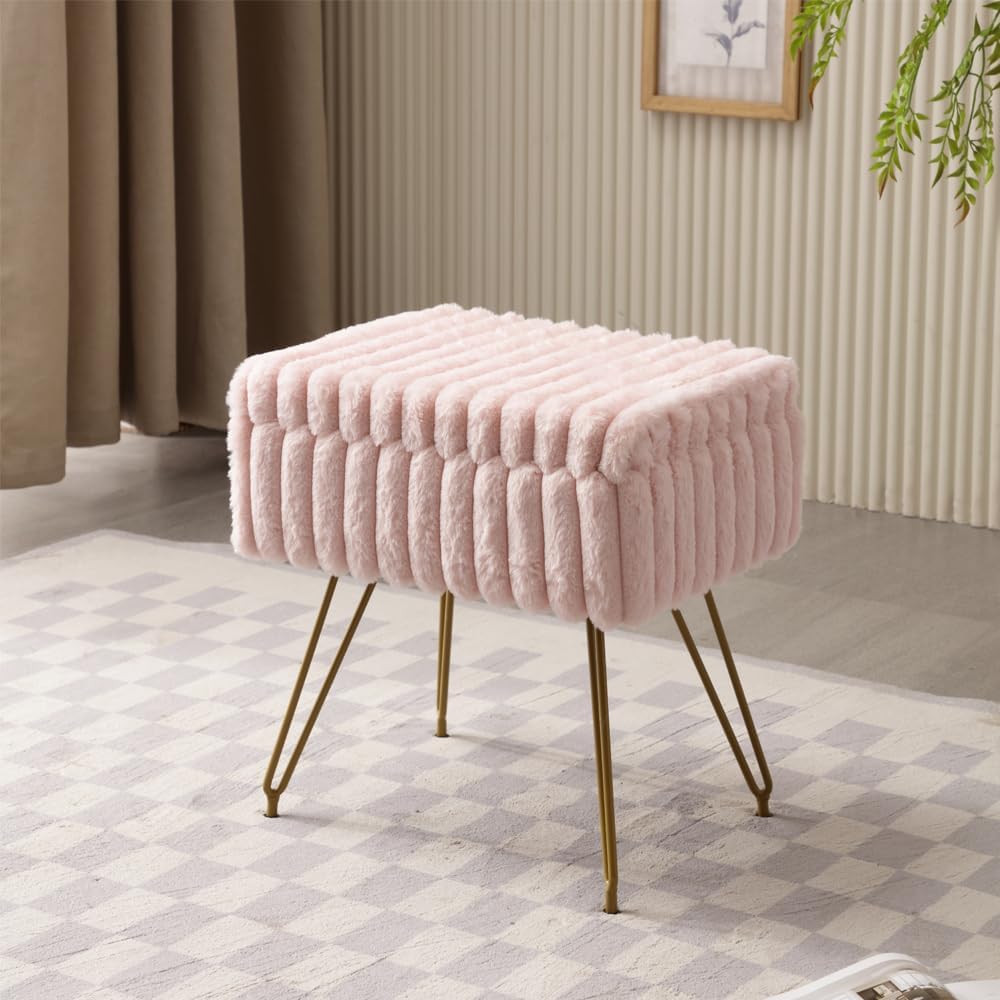 Faux Fur Storage Ottoman, Modern Soft Footstool, Storage Bench with Metal Leg...