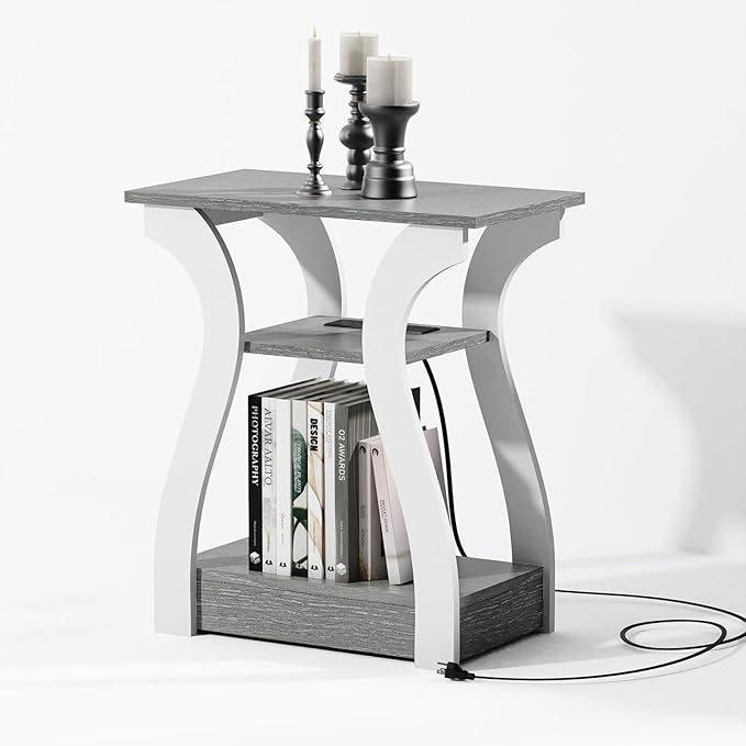 End Tables Living Room, Grey End Table with Charging Station, Grey Side Table...