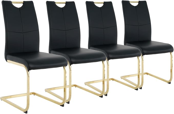 Goujxcy Dining Chairs Set of 4, Modern High Back Kitchen Chairs with Metal Legs and Faux Leather Padded Seat Upholstered Dining Chairs for Dining & Kitchen,Living Room (Black&Gold, Set of 4)