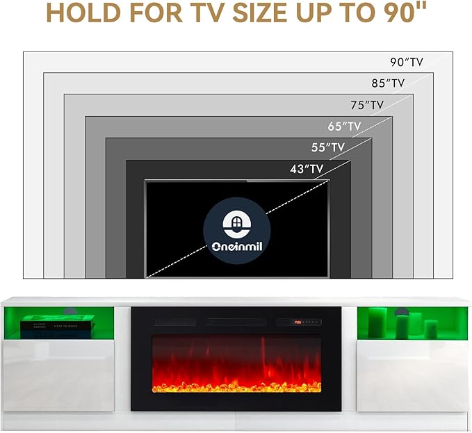 oneinmil 80” TV Stand with 36” Electric Fireplace, Large Modern Media Entertainment Center with Storage Cabinet and 12 Colors LED Lights for TVs Up to 90", White+Black