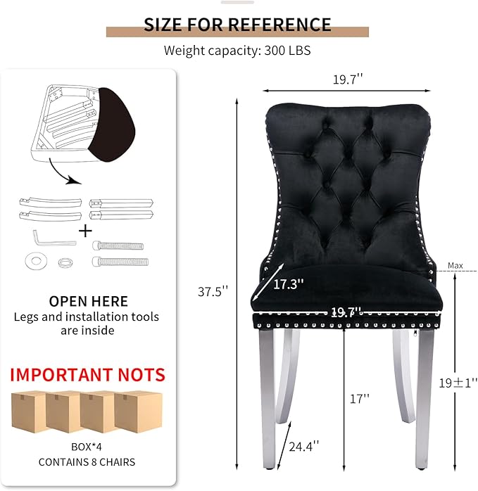 Mid Century Modern Dining Chairs Set of 8, Black Velvet Upholstered Tufted Back, Kitchen & Dining Room Chairs, Brushed Silver Metal Legs, Nailhead Trim, Sillas para Comedor (Black, 8 Pcs)