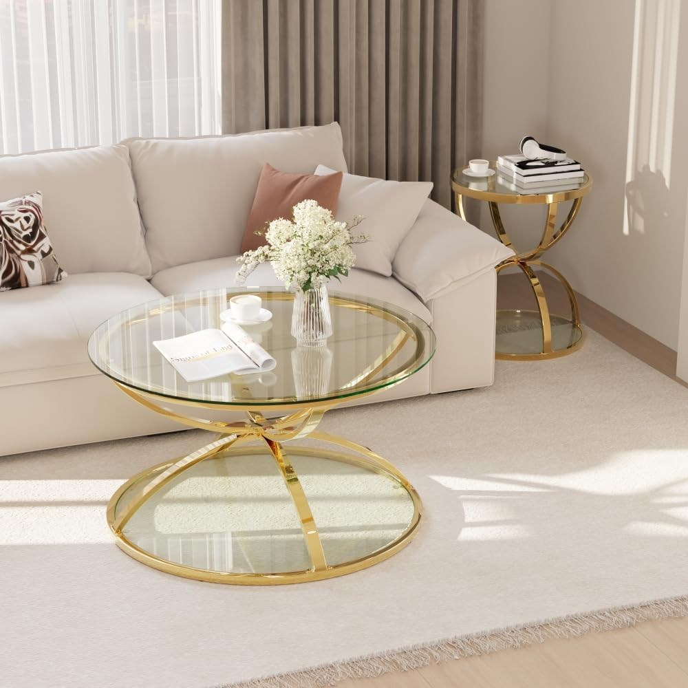 Round Coffee Table Set of 2, Gold Metal Frame with Clear Tempered Glass | Rin...