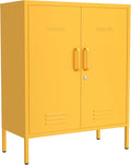 Wide Multipurpose Metal Storage Cabinet with Lockable Design & 2 Adjustable Partitions, Thickened Steel & Sturdy Construction for Home, Living Room & Office Yellow 33" H X 29.5" W X 13.8" D