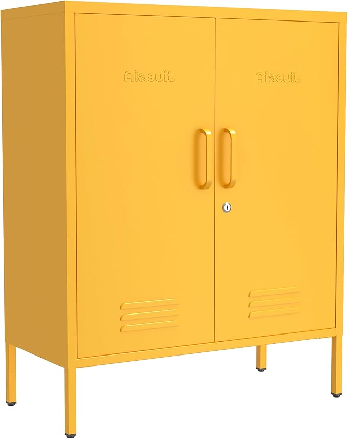 Wide Multipurpose Metal Storage Cabinet with Lockable Design & 2 Adjustable Partitions, Thickened Steel & Sturdy Construction for Home, Living Room & Office Yellow 33" H X 29.5" W X 13.8" D