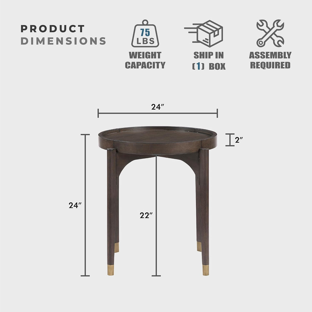 Lexicon Wood Round End Table with Gold Metal Cap, 36" Dia. Mid Century M...