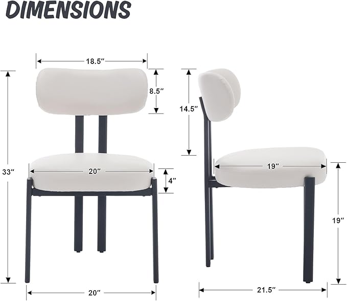 LukeAlon Faux Leather Dining Chairs Set of 2, Modern Curved Back Armless Kitchen Chairs with Black Metal Legs Upholstered Reception Guest Chairs for Home Office Restaurant Dining Room, White
