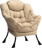 HollyHOME Modern Fabric Large Lazy Chair, Accent Oversized Comfy Reading Chair, Thick Padded Cozy Lounge Chair with Armrest, Leisure Sofa Chair for Living Room, Bedroom, Dorm, Coffee&White