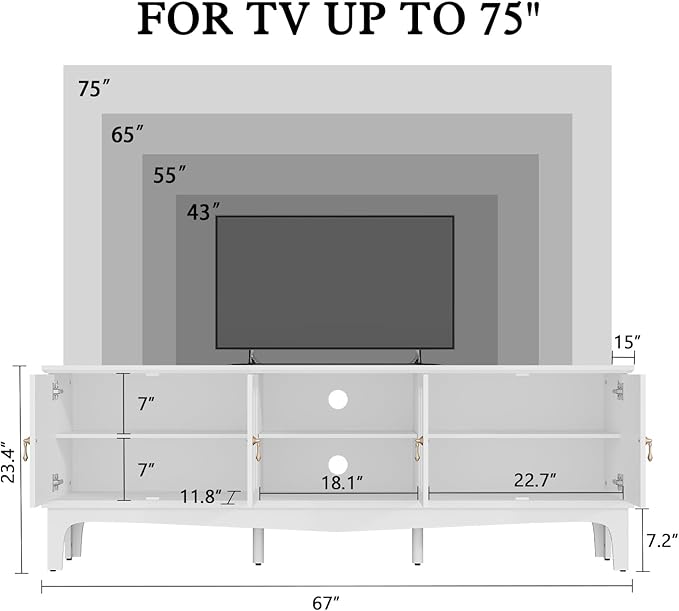 ARTPOWER 67“ Vintage TV Stand for TVs up to 75”, Modern Entertainment Center with Door Cabinets and Open Shelves, Media Console with Storage, White TV Credenza for Living Room, Bedroom