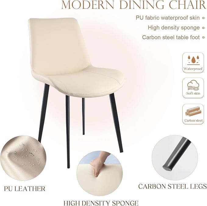 Dining Chairs, Modern PU Leather Dining Room Chair with Sturdy Metal Legs, Upholstered Seat Dinner Chairs Accent Side Chairs for Indoor Kitchen Living Room (Beige, Set of 8)