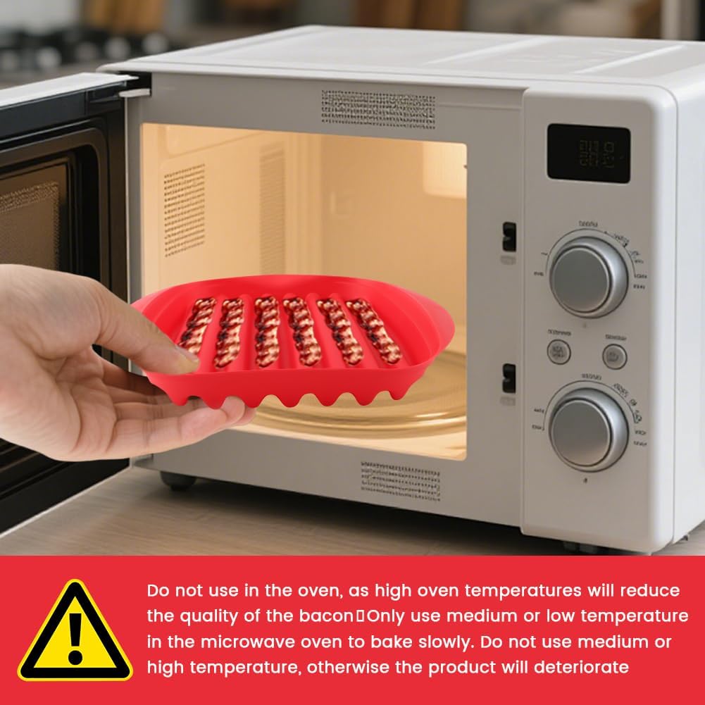 Microwave Bacon Cooker Tray with Vented Lid - Crisper Pan for 4-6 Slices in 3 Minutes, Splatter Shield & Fat Draining Tray for Healthy Cooking, Also for Sausages & Patties(Color:Red)