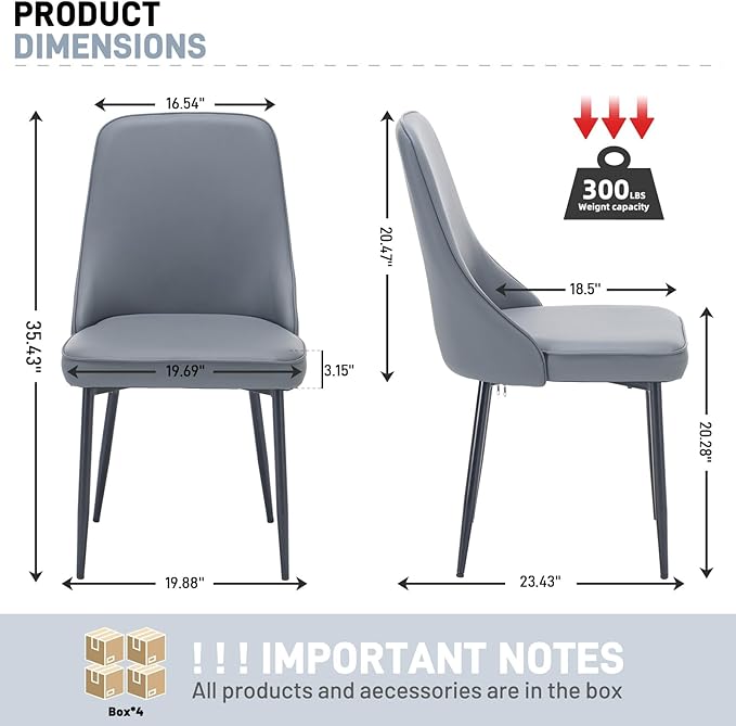 Modern Dining Chairs Set of 4, Faux Leather Upholstered Dining Room Chair Kitchen Chairs Dinner Side Chair with Curved Back and Metal Legs for Kitchen, Dining Room, Living Room, Grey
