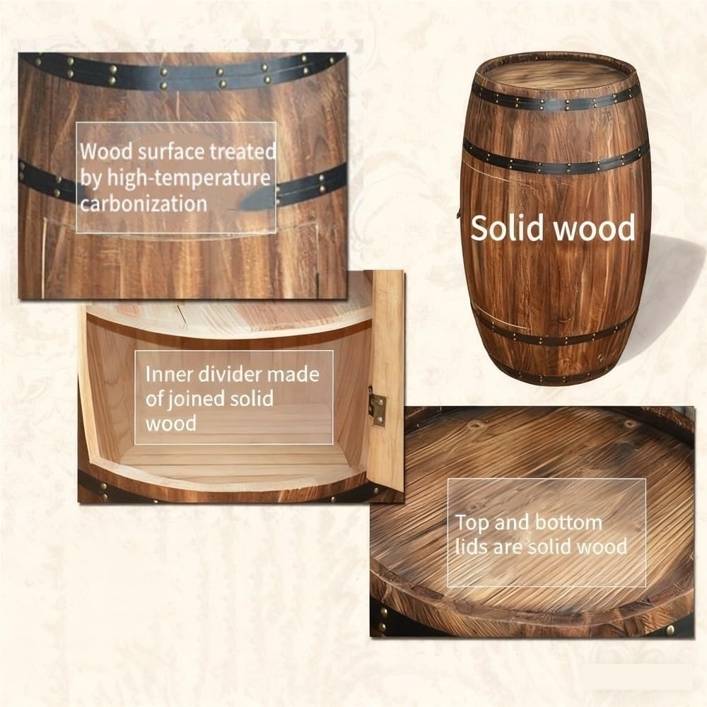 Wooden Barrel Table, Freestanding Whiskey Cabinet with Storage Shelves, Rusti...