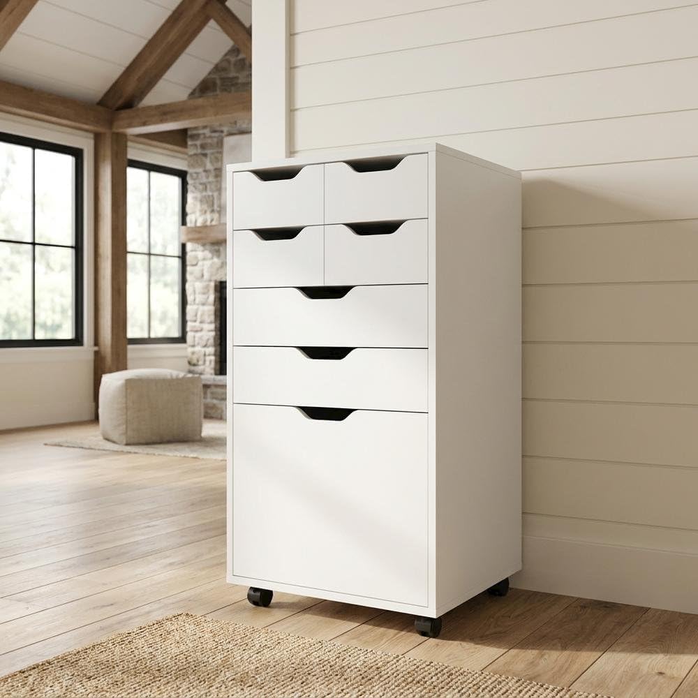 Furnifact White Tall Mobile Storage Cabinet, Multi-Storage Rolling Pantry, Co...