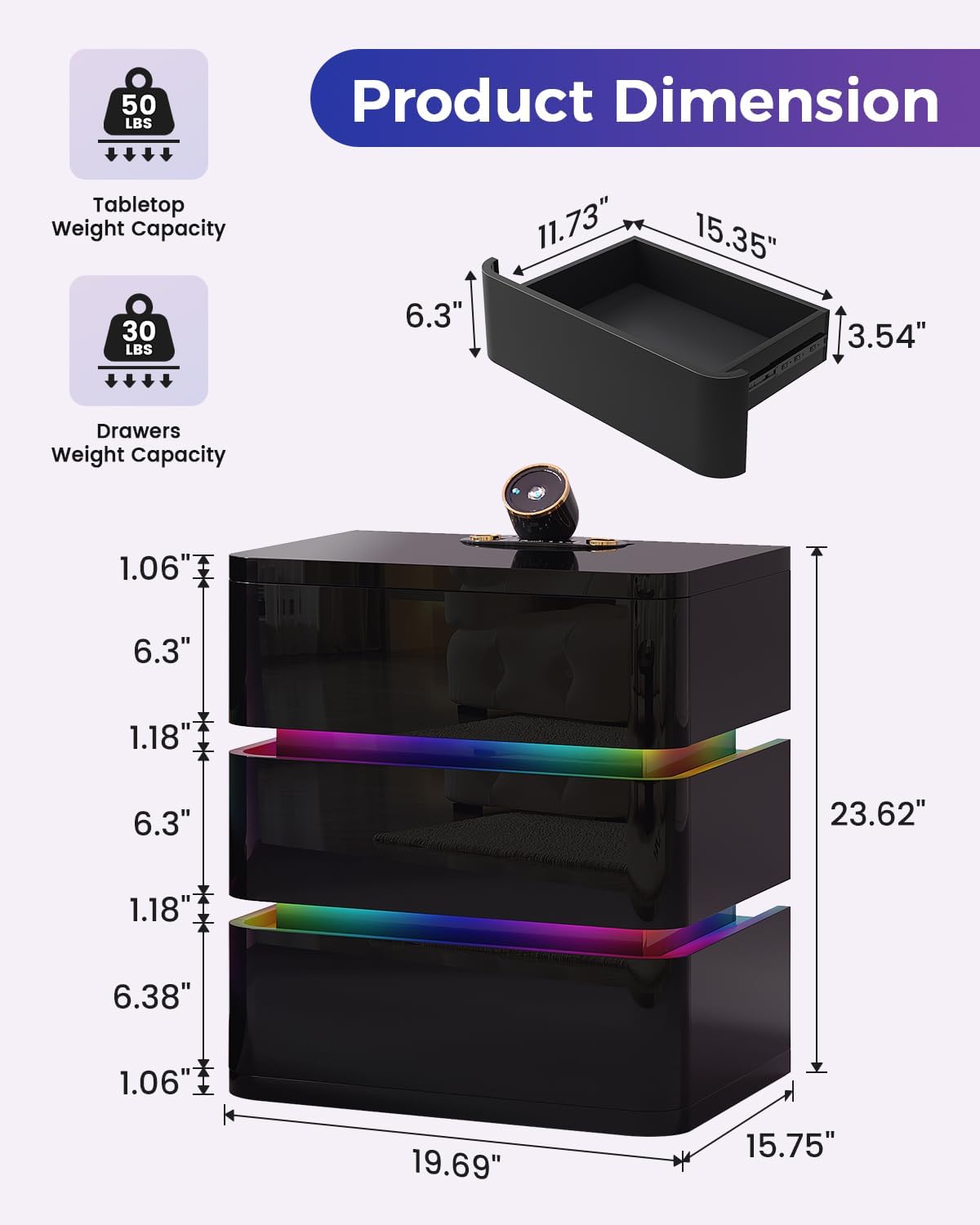 Dystler Fully Assembled Nightstand with Charging Station and LED Lights | 3 Drawers Bedside Table with Galaxy Projector & Hidden Storage, Modern RGB Night Stand Setup Perfect for Bedroom Display