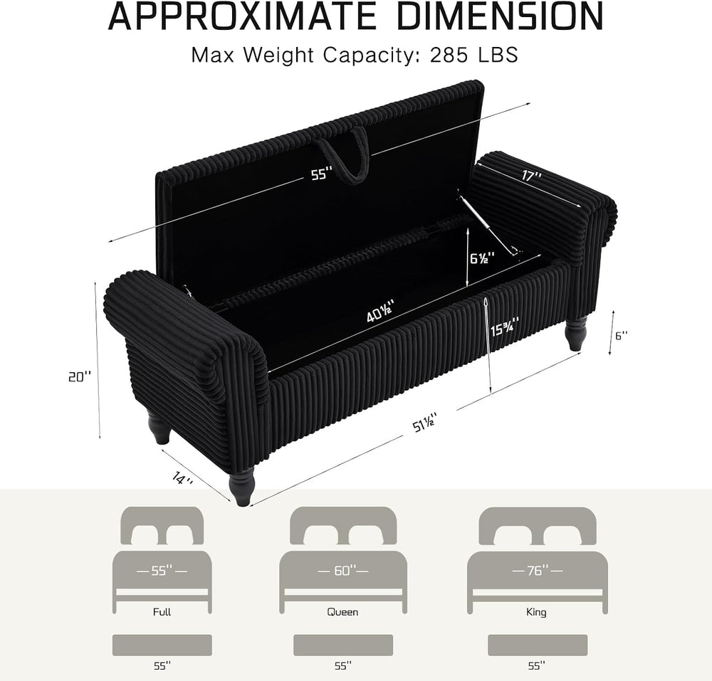 55" Corduroy Storage Ottoman Bench, Queen Bed, Black | End of Bed, Bedro...