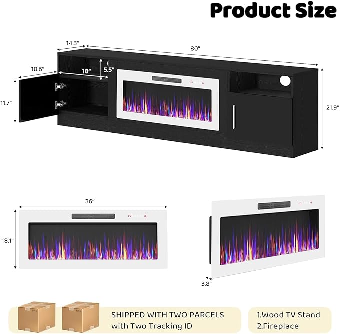 Lemberi Fireplace tv Stand with 36 inch White Fireplace Up to 90" TVs, LED Light Entertainment Center and Storage, 80" Modern Wood Media TV Console with Highlight Cabinet for Living Room (Black)