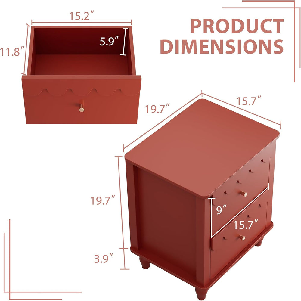 Anbuy Red Nightstand with Petal Pattern, Modern Night Stand with 2 Drawers fo...