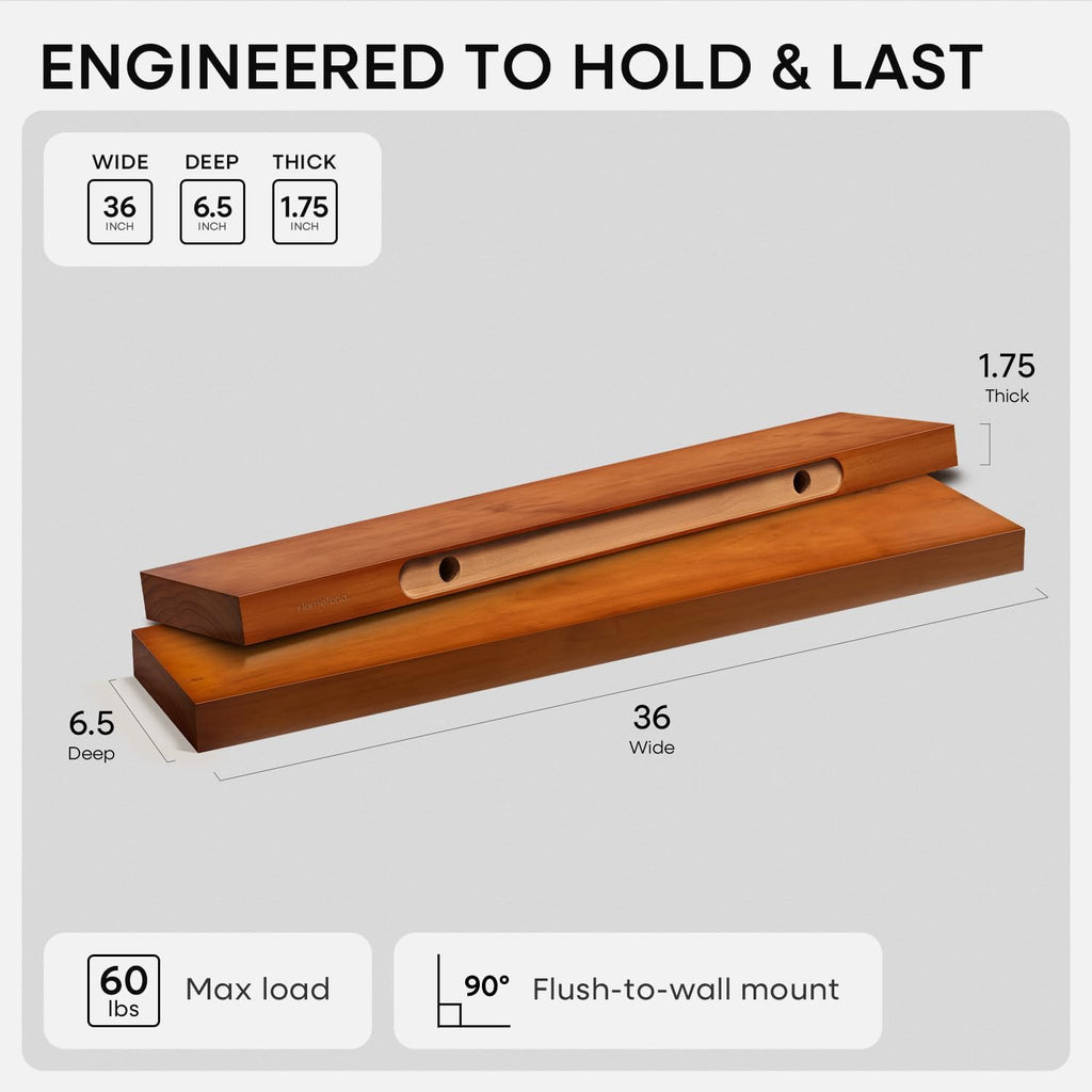 Homeforia Oak Floating Shelves 36 inches Long, High End Solid Real Wood 36 inch Floating Shelf for Room Wall, Honey Oak Wooden 36inch Kitchen Shelves, Heavy Duty Bracket, 36 X 6.5 X 1.75 in, Set of 2