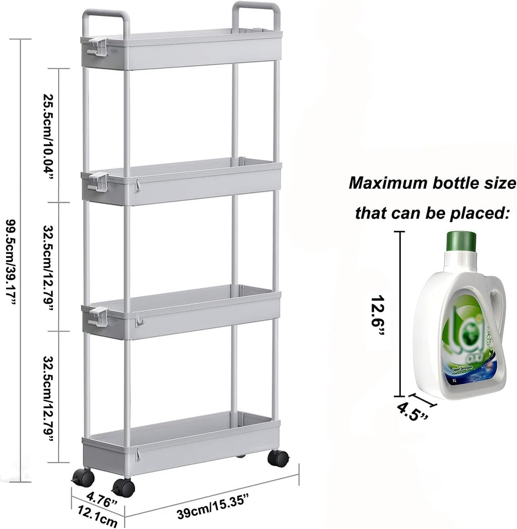 SOLEJAZZ Slim Rolling Storage Cart with Wheels 4 Tier Skinny Bathroom Storage Organizer Narrow Shelf Unit Thin Laundry Room Utility Cart for Bedside Kitchen Office Next to Fridge Small Places, Gray