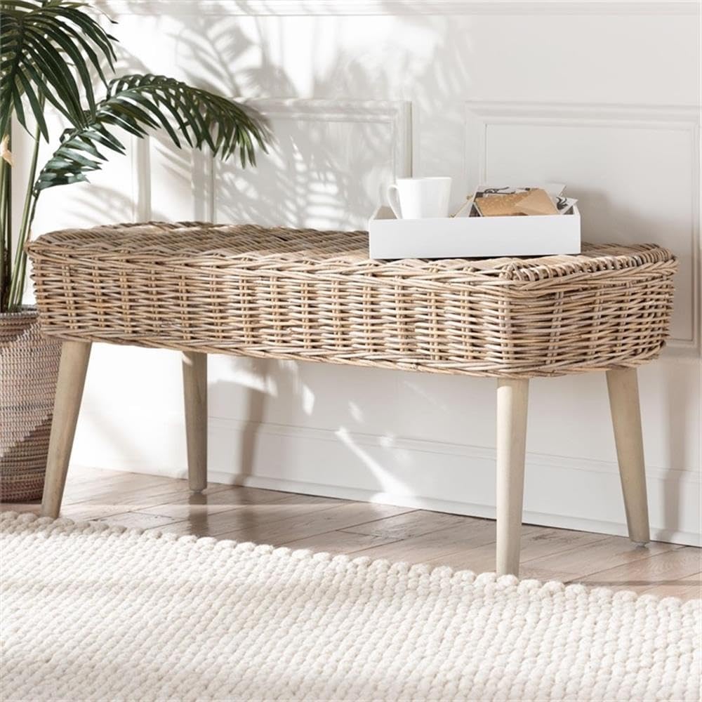 bali & pari Raisa Natural Kubu Rattan and Gray Acacia Wood Accent Bench