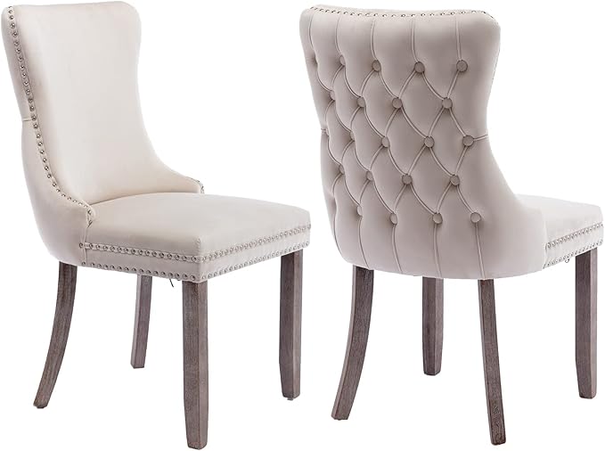 Modern Dining Chairs Set of 2, Upholstered Dining Chair with Full Back and Button Tufting, Beige Velvet Accent Chair, Sillas de Comedor, Comfy Kitchen Chairs (Beige, Velvet, 2Pcs)