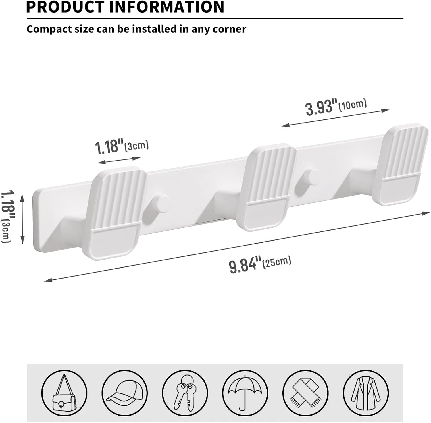 Coat Rack Wall Mount Coat Hooks - White Hook Rack with 3 Hooks Aluminum Wall Rack Hooks for Hanging Coat Hat Bag Towel Hanger Rustproof Coat Holder