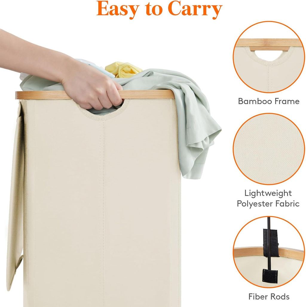 Lifewit 80L Laundry Basket with Lid, Clothes Hampers with Bamboo Handles and A Removable Laundry Bag, Large Foldable Hamper for Bedroom, Bathroom, Dorm, LaundryRoom, White