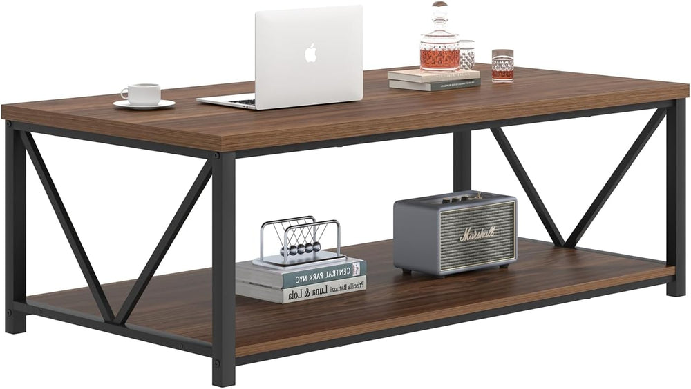 FOLUBAN Modern Coffee Table, Wood and Metal Center Table with Storage, Indust...