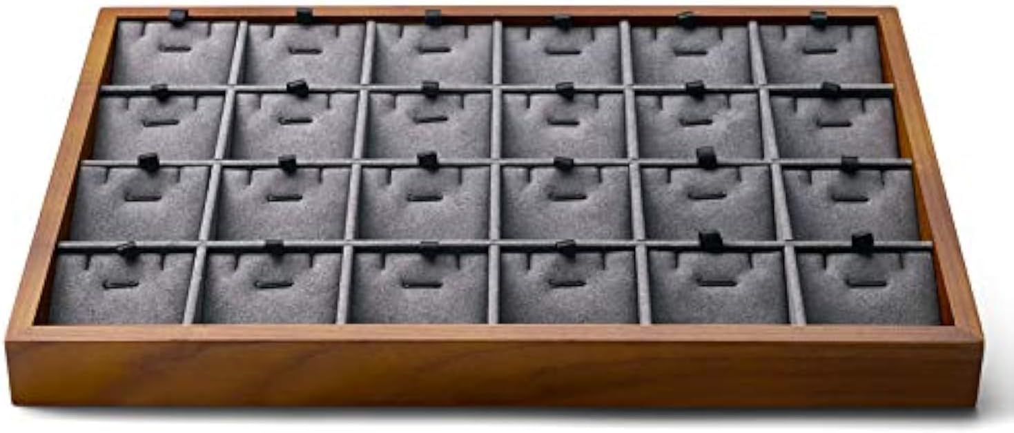 Oirlv Wood 24 Grids Jewelry Tray with Removable Inserts Jewelry Pads Necklace/Pendant Display Organizer Tray(Grey)