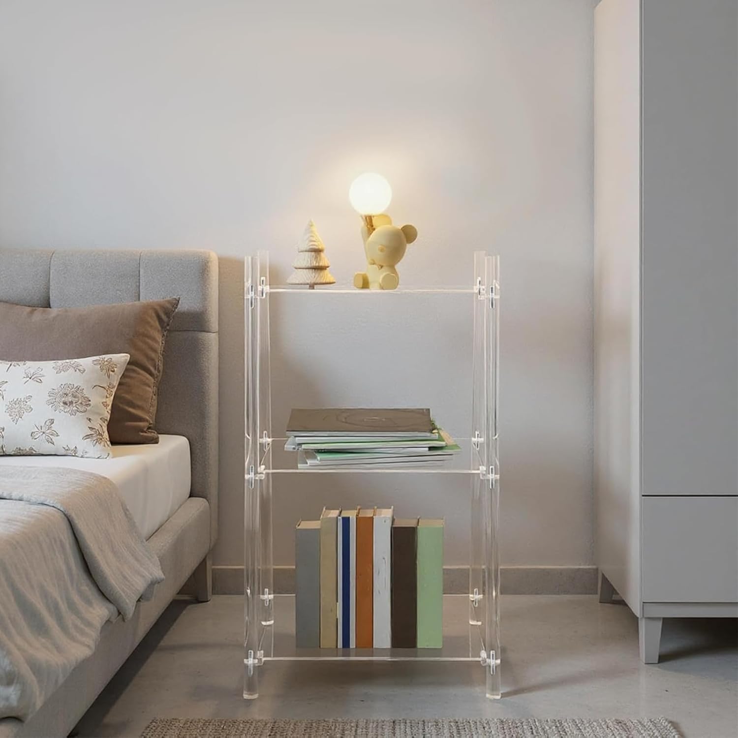 3-Tier Acrylic Ladder Bookshelf, Floor-Standing Clear Display Shelf for Books Decorations Multipurpose Storage Rack for Living Room Study Room Office