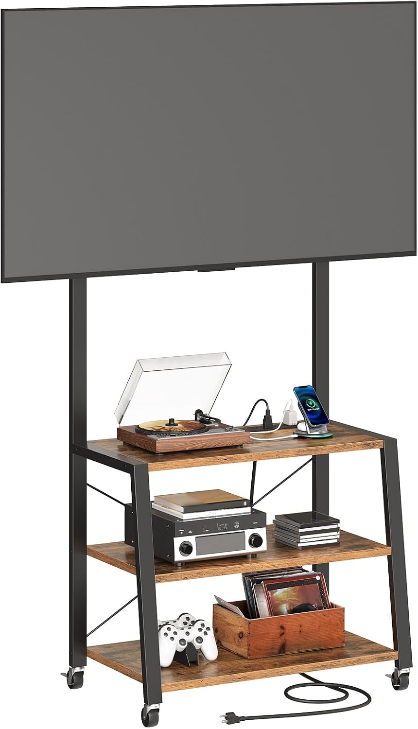 HOOBRO Rolling TV Stand with Mount and Power Outlet Up to 55 inch TV, Corner Entertainment Center, Small TV Stand with 3-Tier Storage Shelves for Living Room, Bedroom, Rustic Brown and Black BF66UDS01