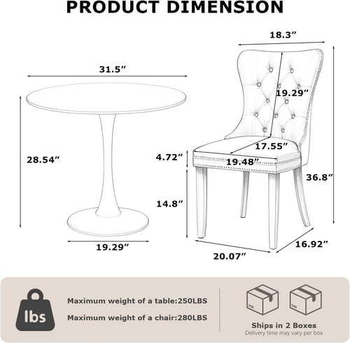 3-Pieces Dining Sets, 31.5" Round Dining Table Set with 2 Velvet Upholstered Dining Chairs,Wooden Legs Design for Kitchen Dining Room Apartment Small Space(1 Black Table with 2 Grey Chairs)