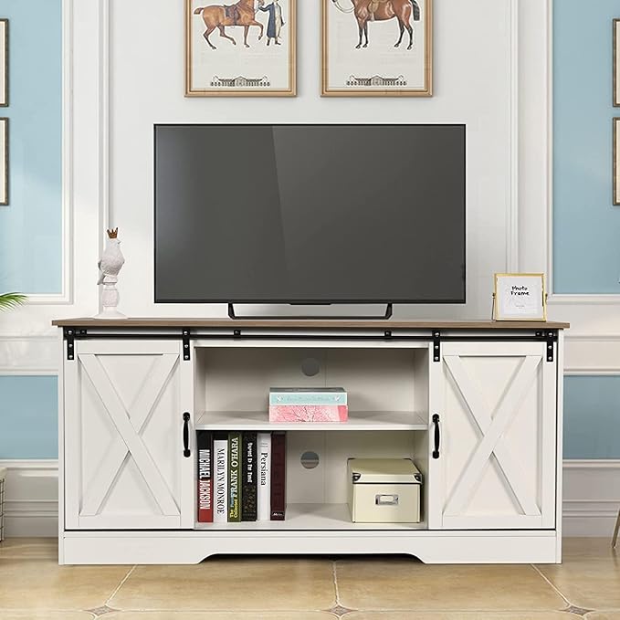 4 EVER WINNER TV Stand for 65 Inch TV for Living Room, Modern Farmhouse Barn Door TV Stand with Storage Cabinets and Adjustable Shelves for Bedroom, Media Entertainment Center TV Console Table, White