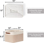 HNZIGE Fabric Storage Baskets for Shelves, Large Collapsible Storage Baskets for Organizing, Decorative Baskets Bins Set with Handles for Closet, Clothes,Home (3 Pack, White&Khaki,15" x 11" x 9.5")
