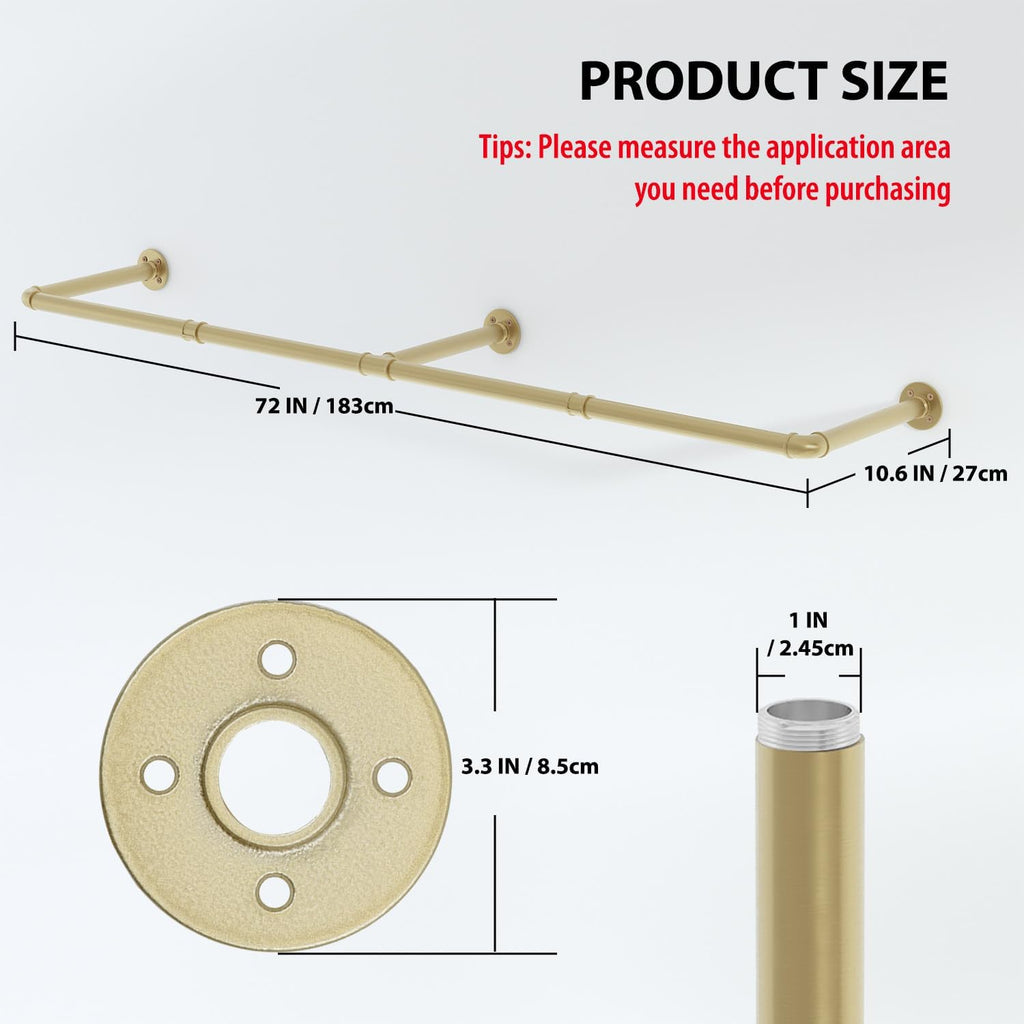 Wall Mounted Clothes Rack, 72" Industrial Pipe Clothing Rack, Heavy Duty Gold Garment Rack Bar, Multi-Function Hanging Clothes Rod for Laundry Room,Bedroom,Dressing Room,Closet Storage