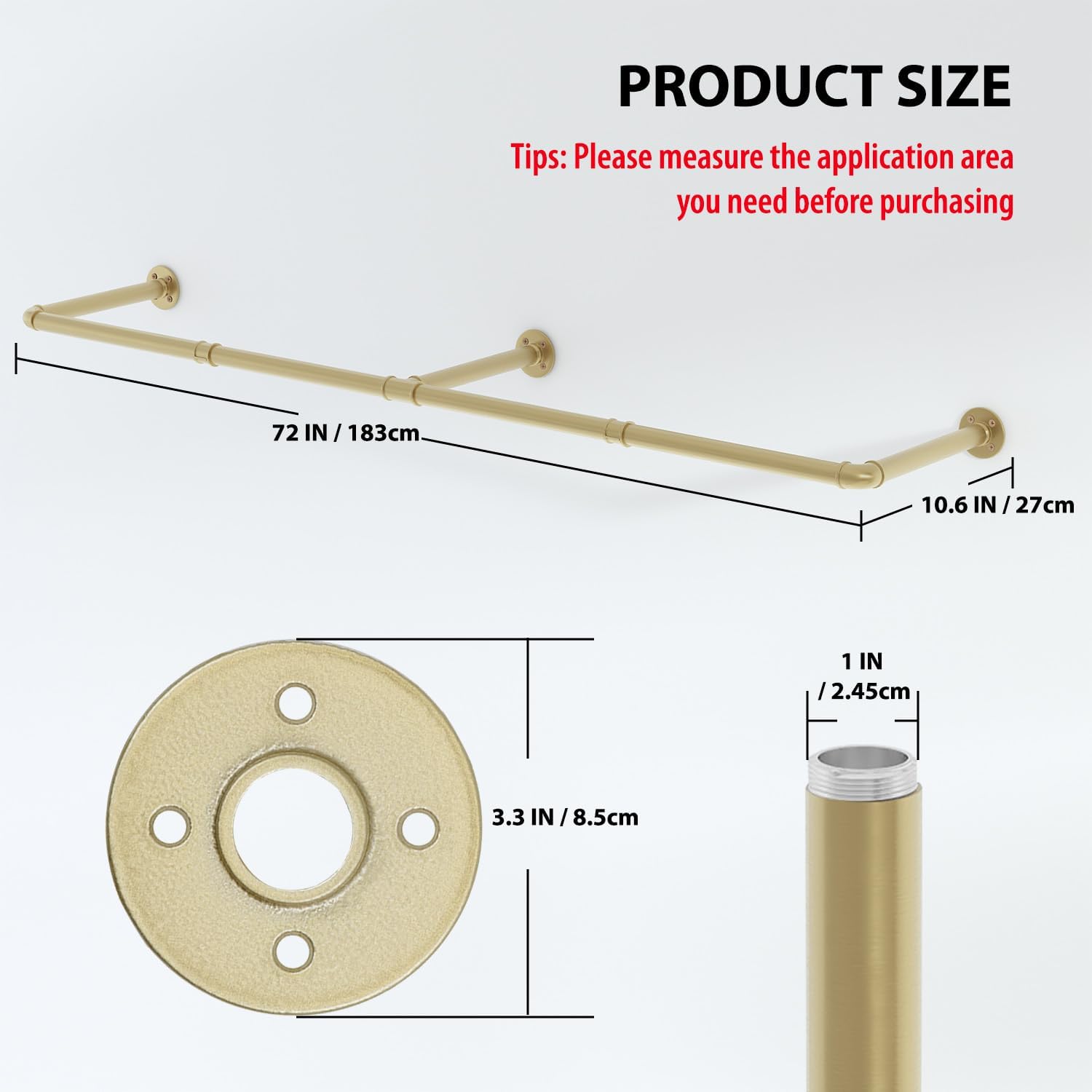Wall Mounted Clothes Rack, 72" Industrial Pipe Clothing Rack, Heavy Duty Gold Garment Rack Bar, Multi-Function Hanging Clothes Rod for Laundry Room,Bedroom,Dressing Room,Closet Storage
