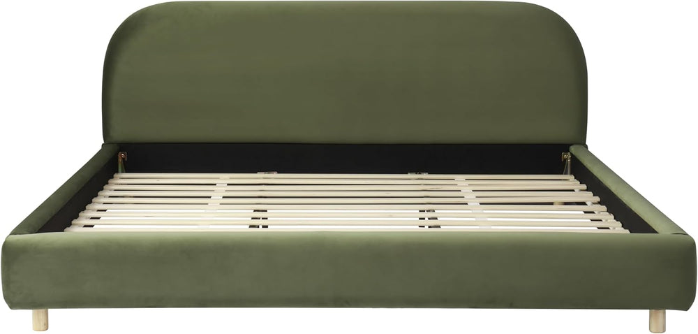 Merax King Boucle Fabric Platform Bed with Curved Headboard, Olive Green