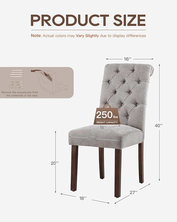 Dining Chairs Set of 2, Button Tufted Parsons Upholstered Chairs with Solid Wood Legs, Mordern Fabric Kitchen Chairs for Dining Room，Light Grey