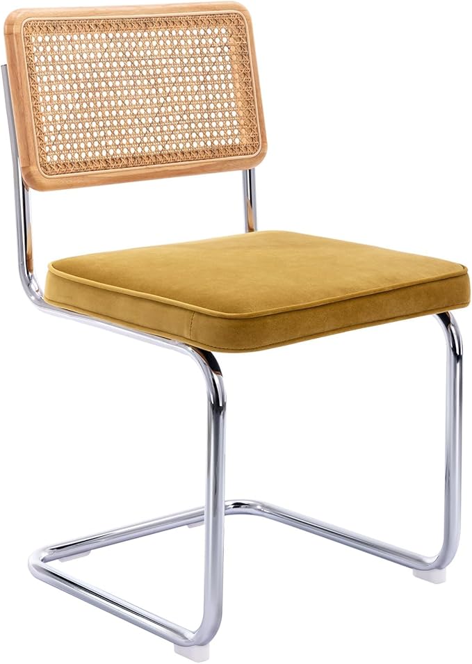 Zesthouse Mid Century Modern Dining Chairs Set of 2, Velvet Accent Chairs with Natural Cane Back & Stainless Chrome Base, Famous Breuer Designed Chairs, Upholstered Rattan Kitchen Chairs