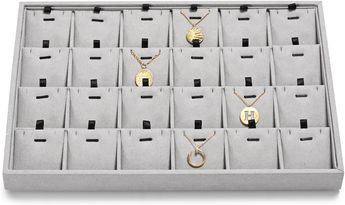 24 Grids Necklace Tray Jewelry Display Tray Necklace Holder Organizer for Drawers With Removable Jewelery Cards Pendant Bracelet Storage Holder (Grey